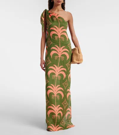Johanna Ortiz Asymmetric Printed Linen Midi Dress In Green