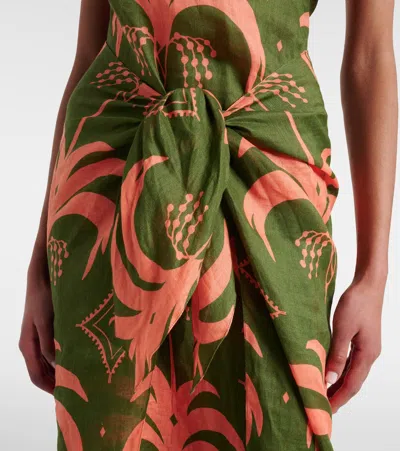 Johanna Ortiz Asymmetric Printed Linen Midi Dress In Green