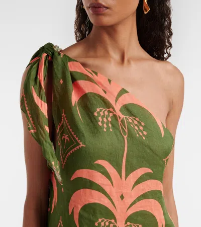 Johanna Ortiz Asymmetric Printed Linen Midi Dress In Green