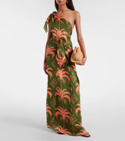 Johanna Ortiz Asymmetric Printed Linen Midi Dress In Green