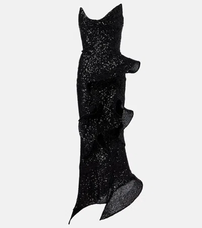 Maticevski Thistle Wave Ruffled Sequined Gown In Black