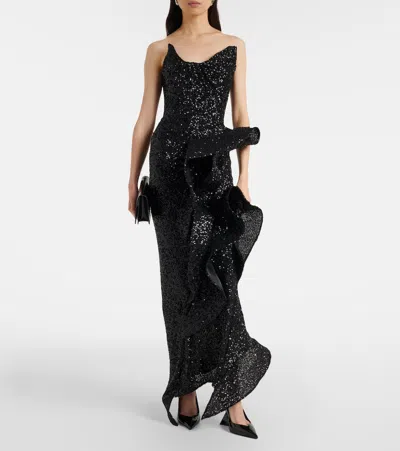 Maticevski Thistle Wave Ruffled Sequined Gown In Black