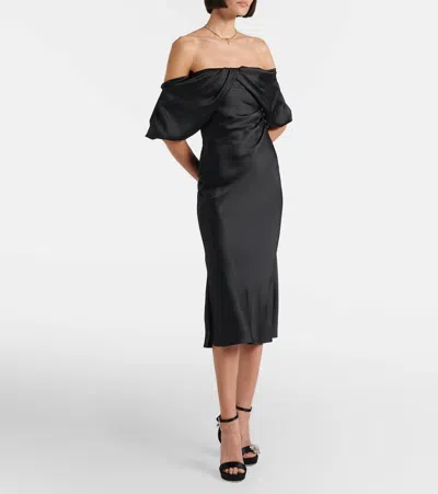 Alexander Mcqueen Off-the-shoulder Draped Satin Midi Dress In Blue
