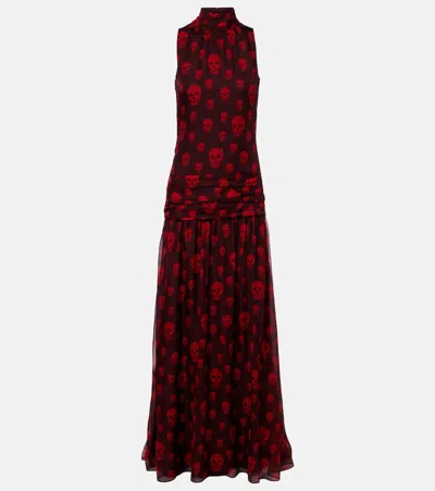 Alexander Mcqueen Skull Silk Maxi Dress In Brown