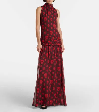 Alexander Mcqueen Skull Silk Maxi Dress In Brown