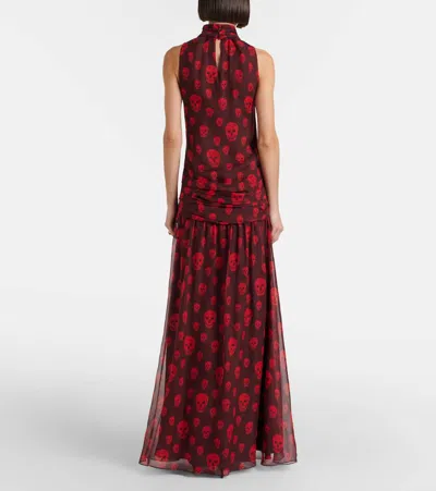 Alexander Mcqueen Skull Silk Maxi Dress In Brown