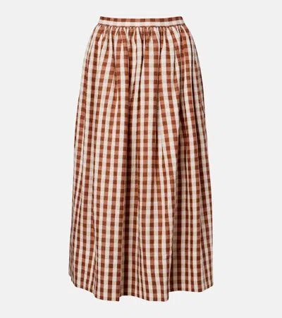 Faithfull Ida Gingham Linen Midi Skirt In Brown