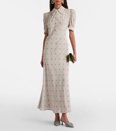 Alessandra Rich Floral Polka-dot Silk Maxi Dress In Gray