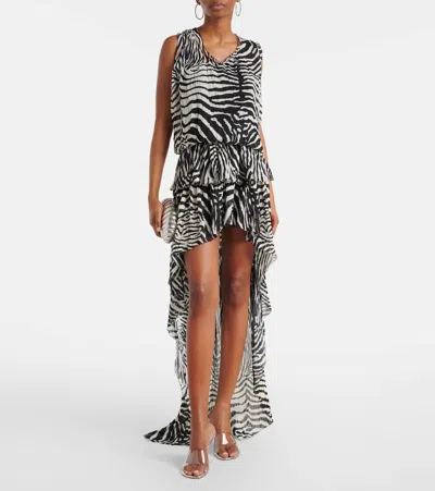 Blumarine Zebra-print Asymmetric Chiffon Maxi Dress In Black