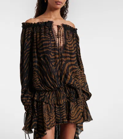 Blumarine Lace-trimmed Zebra-print Chiffon Top In Brown