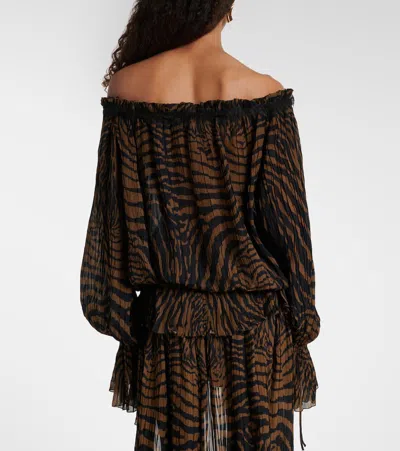 Blumarine Lace-trimmed Zebra-print Chiffon Top In Brown