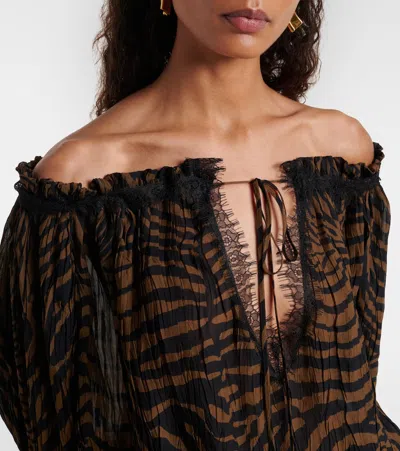 Blumarine Lace-trimmed Zebra-print Chiffon Top In Brown