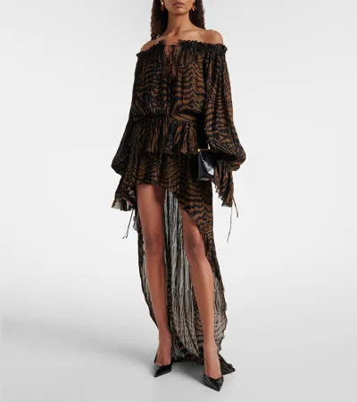 Blumarine Lace-trimmed Zebra-print Chiffon Top In Brown