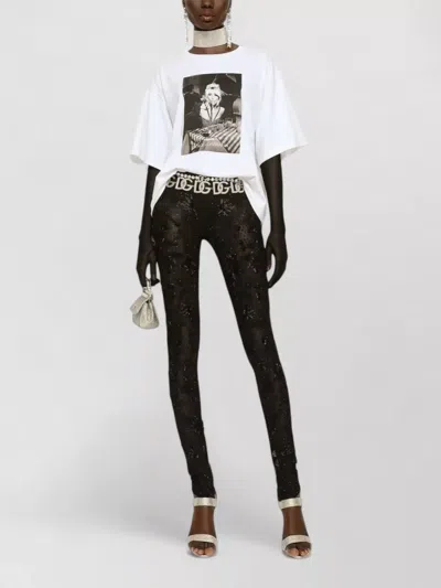 Dolce & Gabbana Sequin Floral Skinny Leggings Mid Rise Stretch In Black