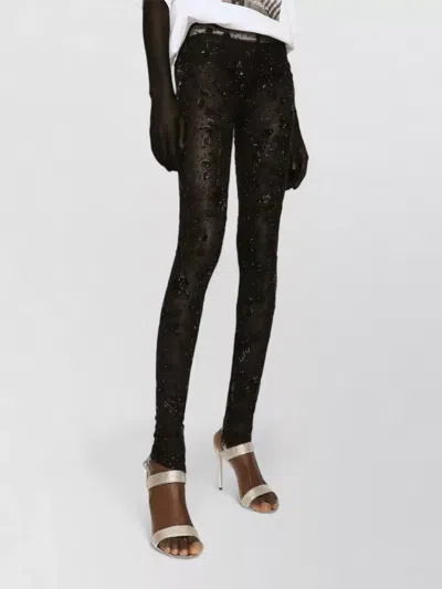 Dolce & Gabbana Sequin Floral Skinny Leggings Mid Rise Stretch In Black