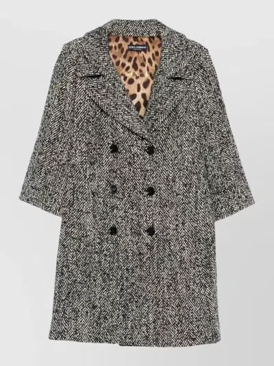 Dolce & Gabbana Herringbone Long Coat Double Breasted Virgin Wool In Black