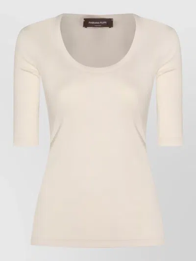 Fabiana Filippi Ribbed Cotton Jersey U Neck T-shirt Filo Diamante Detail In White