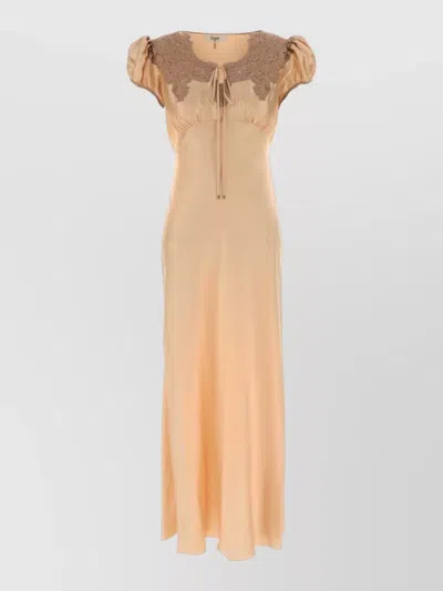 Chloé Satin Dress Puff Sleeves Maxi Lace In Brown