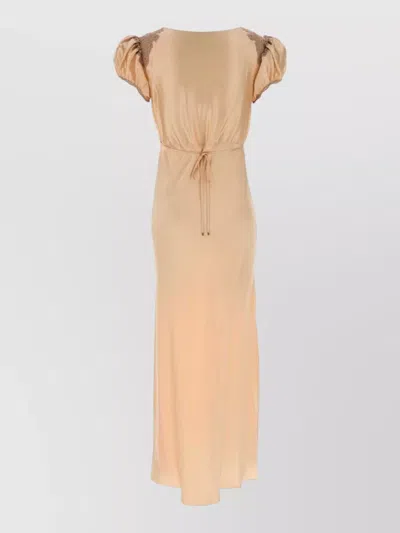 Chloé Satin Dress Puff Sleeves Maxi Lace In Brown