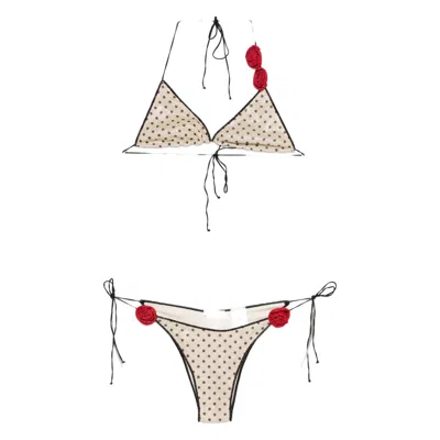 Oseree Polka-dot Floral Bikini In Neutral