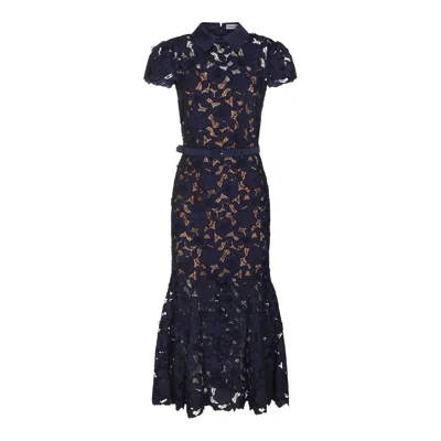 Self-portrait Guipure Blue Long Dress With Lace Design And Adjustable Waist Belt In Fabric Woman