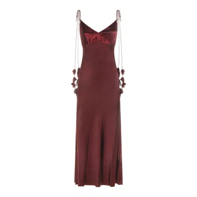 Self-portrait Bordeaux Long Dress With Knotted Shoulder Straps And Floral Details In Fabric Woman In Burgundy