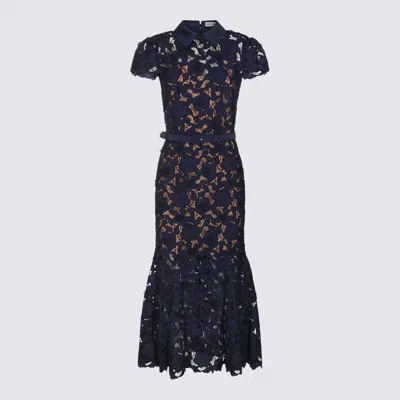 Self-portrait Guipure Blue Long Dress With Lace Design And Adjustable Waist Belt In Fabric Woman