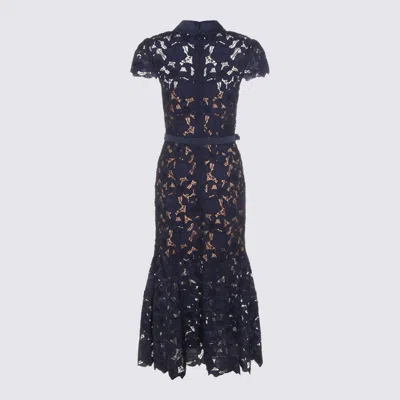 Self-portrait Guipure Blue Long Dress With Lace Design And Adjustable Waist Belt In Fabric Woman