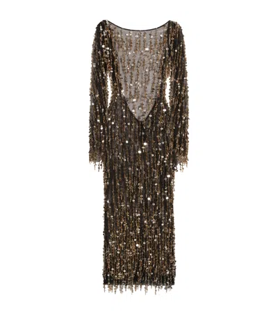 Dolce & Gabbana Sequin Mesh Midi Dress In Brown