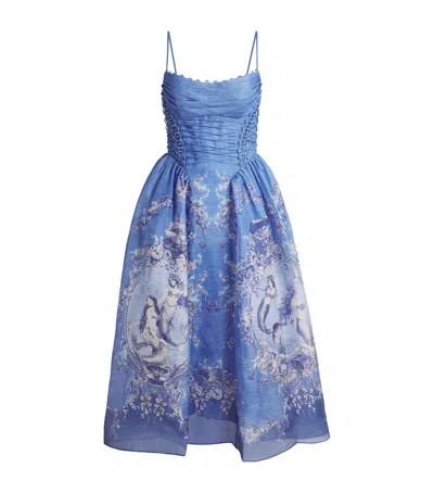 Zimmermann Rebellion Lace-up Embellished Pleated Gathered Printed Linen And Silk-blend Midi Dress In Blue