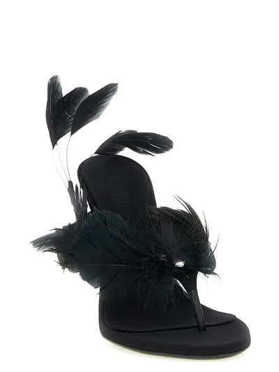 Paris Texas Lidia Feather Thong Silk Mules In Black