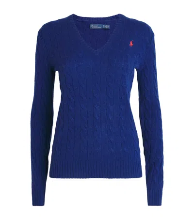 Polo Ralph Lauren Wool-cashmere Cable-knit V-neck Slim Sweater In Blue