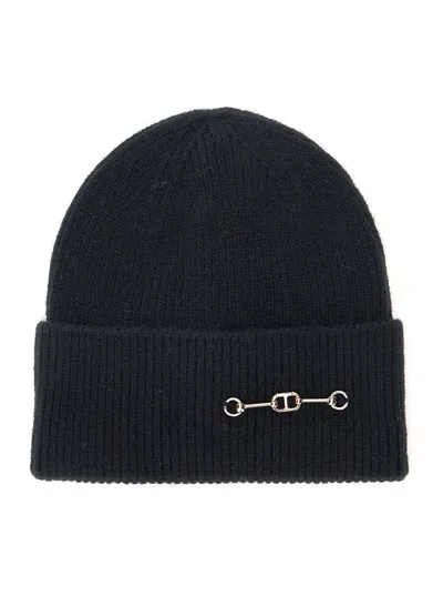 Twinset Black Cap With Metallic Logo On The Front In Fabric Woman In Blue