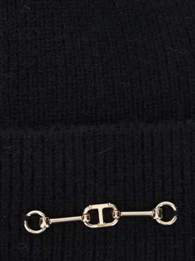 Twinset Black Cap With Metallic Logo On The Front In Fabric Woman In Blue