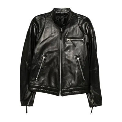 Tom Ford Leather Biker Jacket Stand Collar Zips In Black