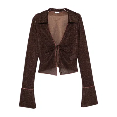 Oseree Tie-detail Bell-sleeve Top In Brown