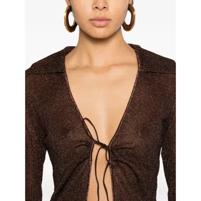 Oseree Tie-detail Bell-sleeve Top In Brown