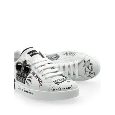 Dolce & Gabbana White Low Top Sneakers With Logo Patch On The Tongue And All-over Print In Leather Man In Multi