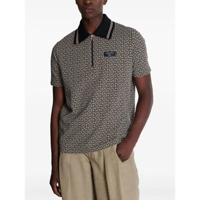 Balmain Men Labyrinth Polo Shirt With Jacquard Effect In Brown