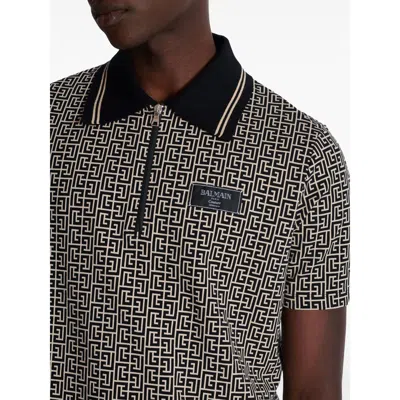 Balmain Men Labyrinth Polo Shirt With Jacquard Effect In Brown