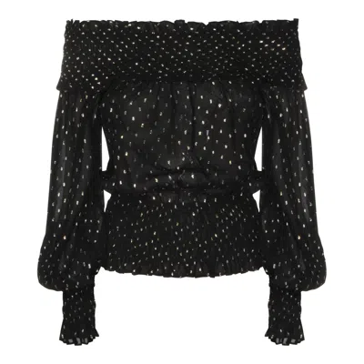 Self-portrait Shirred Metallic-effect Off-shoulder Top In Black