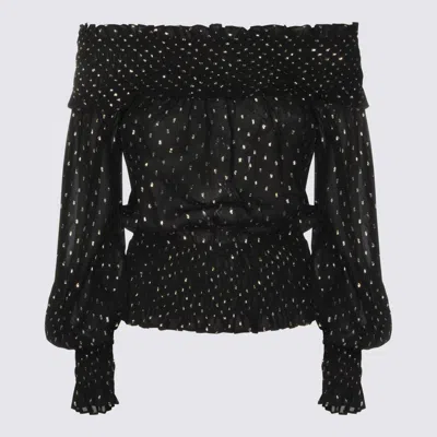 Self-portrait Shirred Metallic-effect Off-shoulder Top In Black