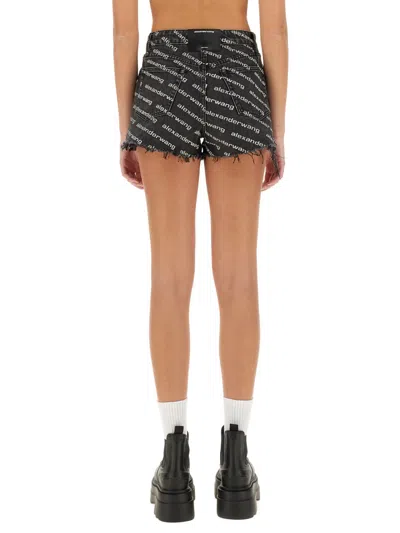 Alexander Wang Omens Grey Aged White Logo-print Bite Denim Shorts In Black