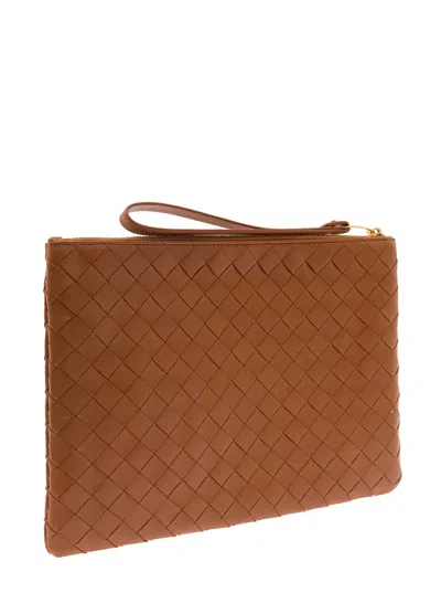 Bottega Veneta Women Brown Pouch With Wrist Strap In Intreccio Leather Woman In Brown