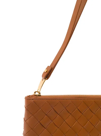 Bottega Veneta Women Brown Pouch With Wrist Strap In Intreccio Leather Woman In Brown