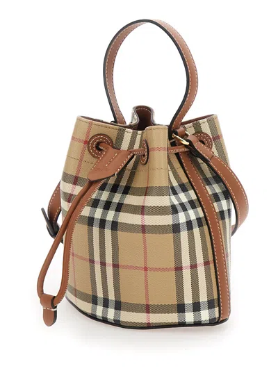 Burberry Women Beige Handbag With Drawstring Closure And All-over Check Motif In Canvas Woman In Multi