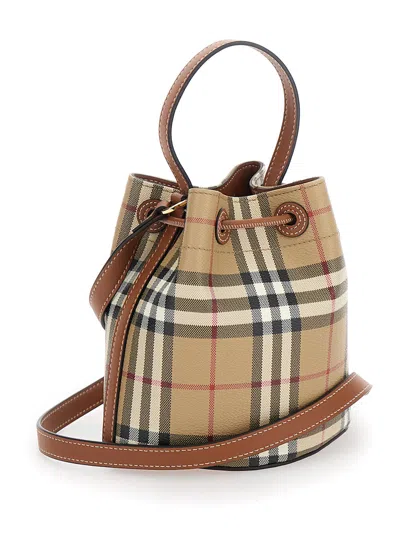 Burberry Women Beige Handbag With Drawstring Closure And All-over Check Motif In Canvas Woman In Multi