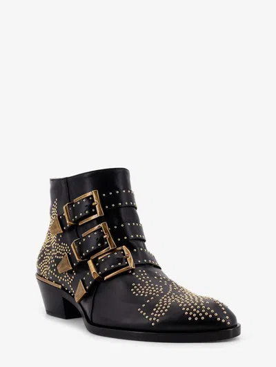 Chloé Black Calf Leather Bos Taurus Lace-up Boots In Animal Print