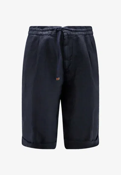 Brunello Cucinelli Garment Dyed Linen Gabardine Bermuda Shorts With Drawstring And Darts In Blue