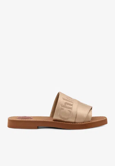 Chloé Woody Satin Sandals Embroidered Logo Rubber Sole In Nude